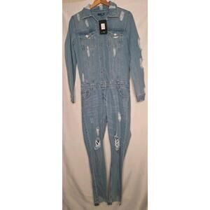 Fashion Nova Dana Distressed Denim Jumpsuit - Denim Size M In Blue NWT